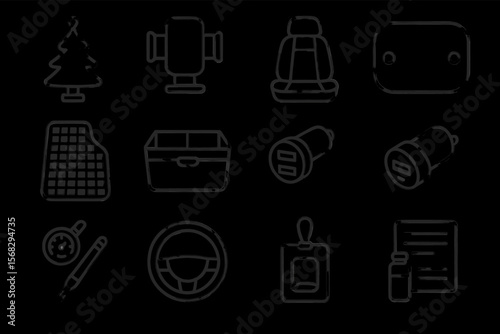 Line icons of car accessories: air freshener, charger, steering wheel, seat cover, carpet, toolbox