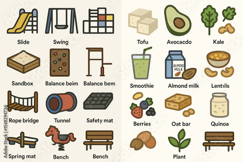 Playground equipment and healthy foods: avocado, tofu, quinoa, smoothie, slide