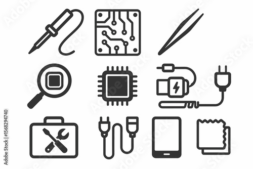 Electronics tools and components icons set: soldering iron, circuit board, microchip