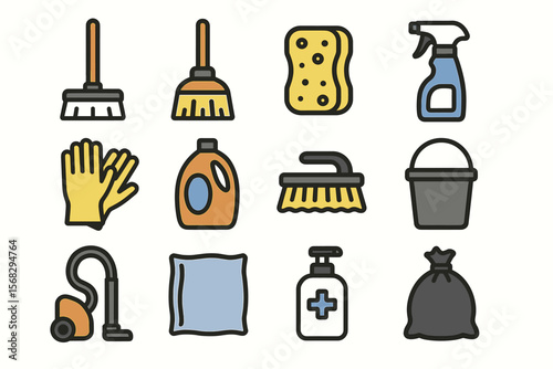 Colorful cleaning icons set with household tools and supplies