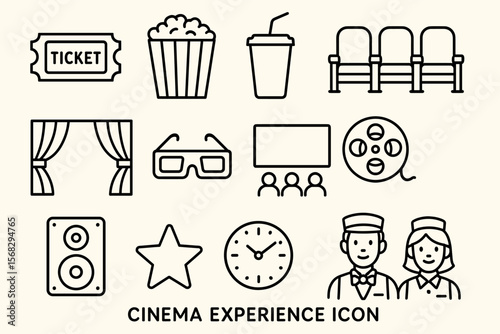 Cinema experience icons: ticket, popcorn, 3d glasses, seats, projection, staff
