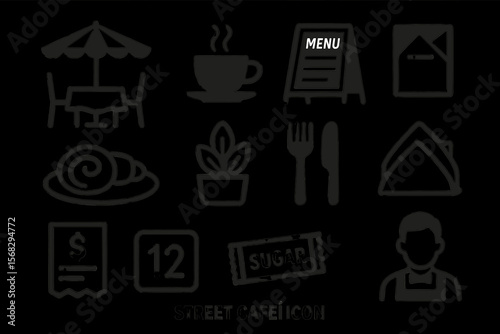 Street café icons: coffee, dining, menu, cutlery, decor