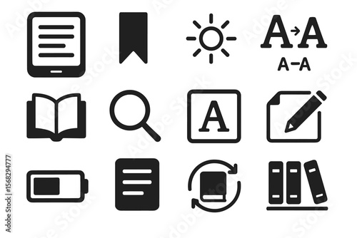 Set of 12 black and white e-reader and book icons including tablet and bookmark