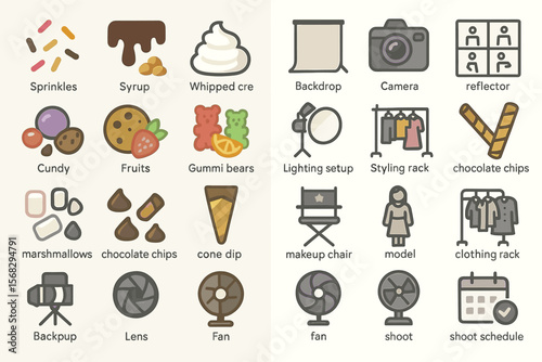 Sweet treats and photography equipment icons on beige background