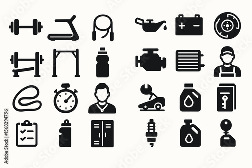 Black and white icons: fitness equipment and automotive tools