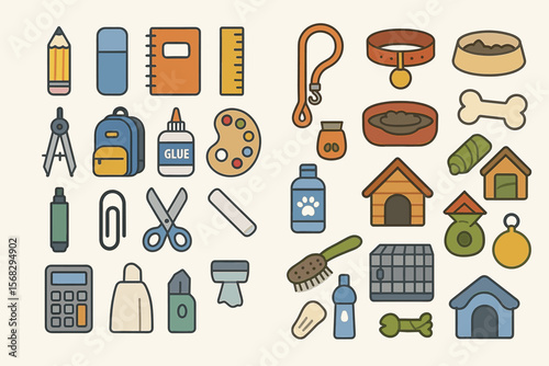 School and pet supplies icons: stationery, dog collars, cages, and more
