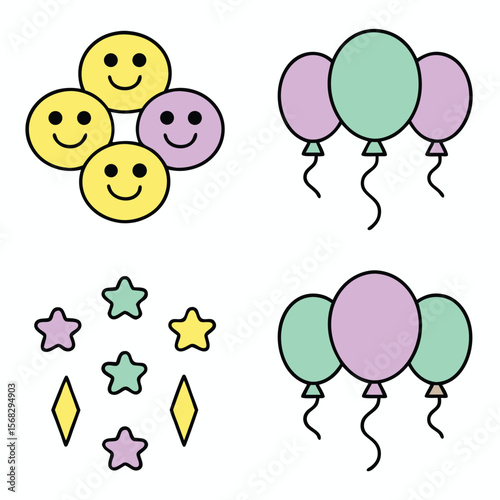 Yellow purple and green smiley balloons and stars celebration