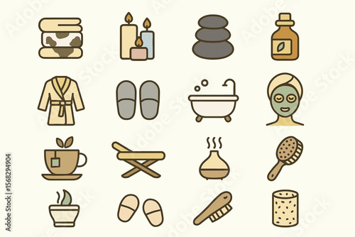 Spa icons set: relaxation essentials including candles and massage stones