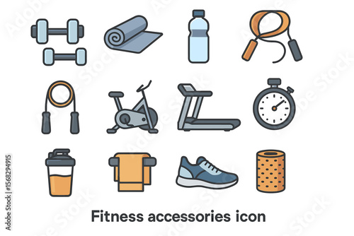 Fitness accessories icons: dumbbells, mat, water bottle, jump rope, bike, treadmill, stopwatch