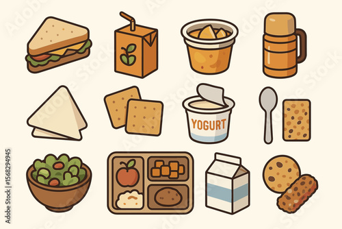 Illustration of packed lunch items including sandwich, juice box, yogurt, thermos, and cookies