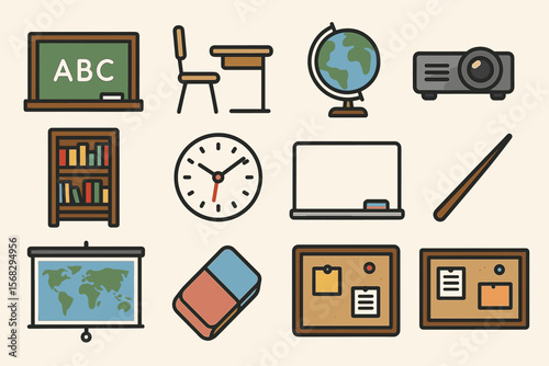 Classroom essentials: desk, blackboard, globe, projector, clock, books, eraser, map, bulletin board