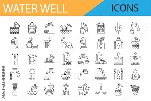 Black Line Art Water Well Icon Collection for Illustrations