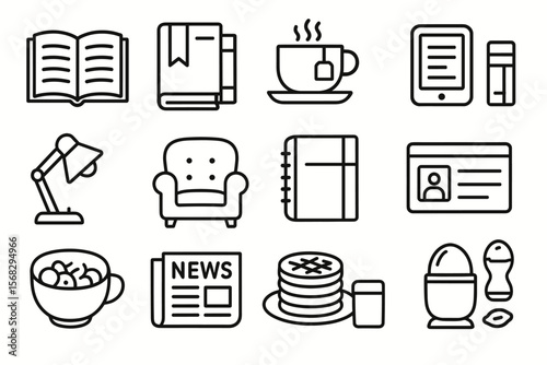 Icon set featuring books, coffee, news, and digital devices