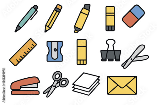 Colorful office supplies set including scissors, stapler, ruler, and highlighter icons