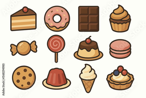 Assorted desserts: cake, donut, chocolate, cupcake, candy, ice cream, pudding, macaron, cookie