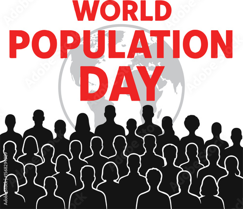 World Population Day celebration with diverse crowd silhouettes and global map, symbol of humanity, awareness, and international unity