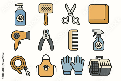 Pet grooming tools icons featuring scissors brush nail clipper and carrier