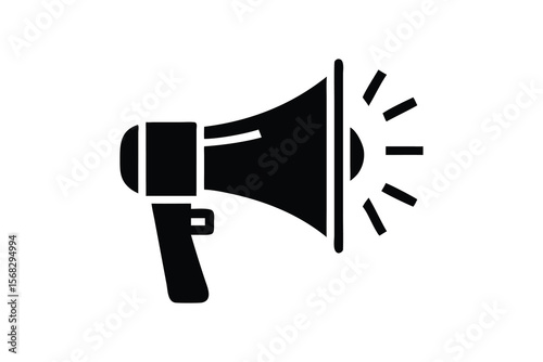A simple black silhouette icon of a megaphone emitting sound waves representing communication announcement and public speaking in a modern graphic style