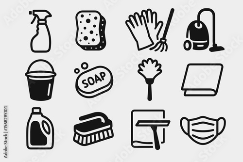 Set of cleaning icons: spray bottle, sponge, gloves, vacuum, bucket, soap bar, duster, cloth, detergent, brush, squeegee, mask