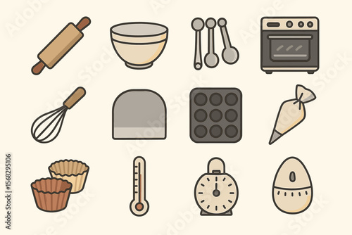 Baking tools and utensils: whisk, baking tray, oven, measuring spoons, piping bag