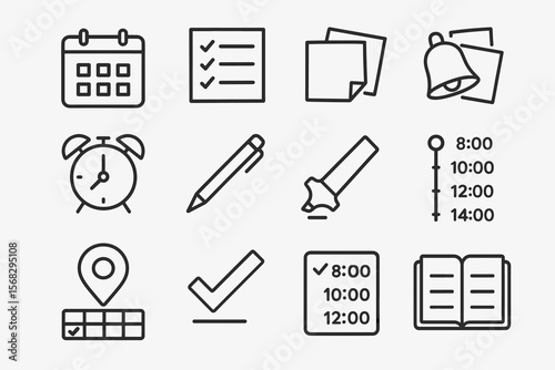 Organizational icons: calendar, checklist, alarm, pen, location, clock, bell
