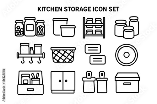 Black and white kitchen storage icon set for organizing containers and shelves