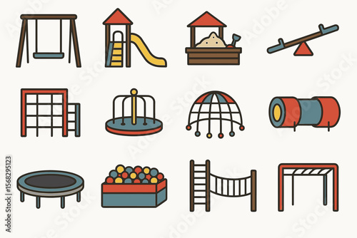Set of playground equipment icons: slides, swings, sandbox, and more