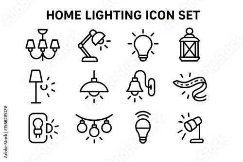 Home lighting icon set: chandelier, lamp, bulb, lantern, sconce, string lights