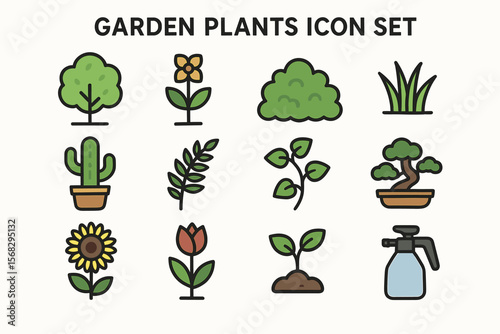 Colorful garden plants icon set with trees, flowers, and gardening tools