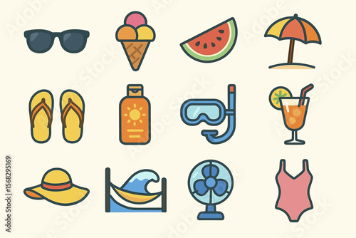Colorful summer icons featuring sunglasses, swimwear items, and refreshing drinks