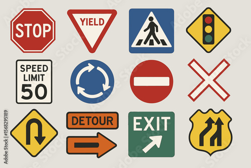 Assorted traffic road signs collection with stop, yield, exit symbols