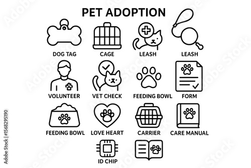 Pet adoption icons: supplies, veterinary care, and volunteer support