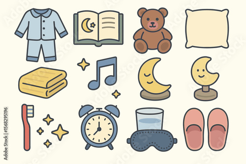 Bedtime icons: pajamas, teddy bear, moon, clock, music note, pillow, slippers, toothbrush, glass