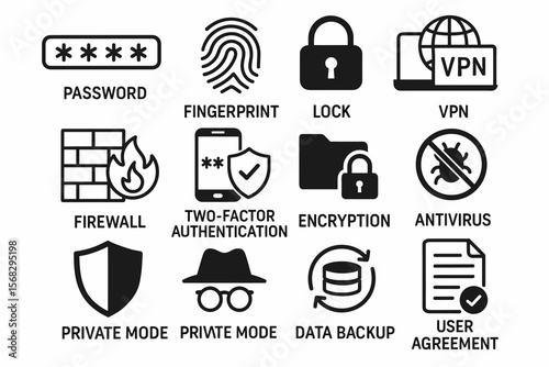 Cybersecurity icons: password, fingerprint, lock, vpn, firewall, encryption, antivirus