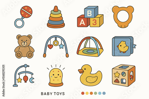Collection of colorful baby toys including blocks and rattles