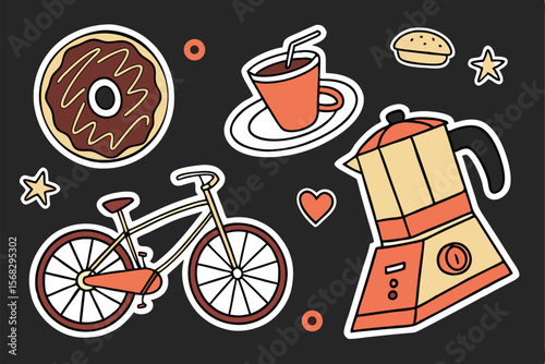 A collection of colorful and whimsical coffee-themed stickers, including a bicycle, coffee maker, espresso cup, pastry, and other related icons, all set against a black background