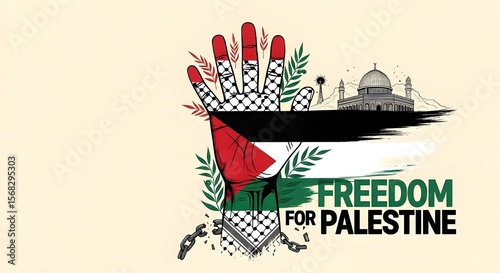 Freedom for Palestine Concept Art with Palestinian Flag Hand and Dome of the Rock Illustration