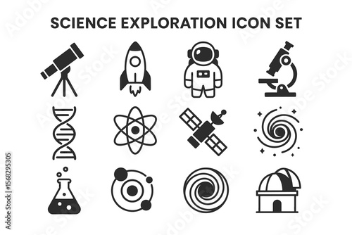 Science exploration icon set featuring telescope, rocket, astronaut, microscope, dna, atom, satellite