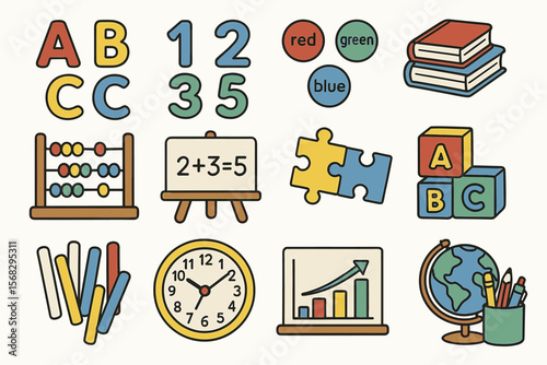 Colorful educational icons: numbers, letters, puzzles, and learning tools for kids