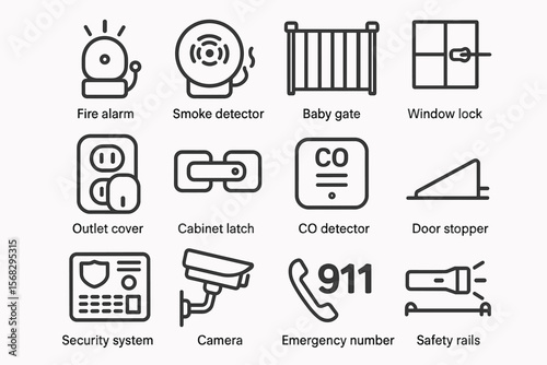 Home safety icons: fire alarm, baby gate, smoke detector, security system