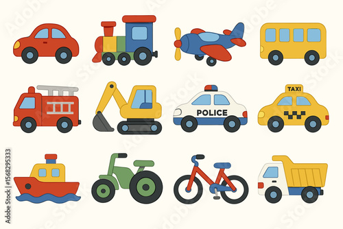 Colorful cartoon vehicles for kids: cars, trucks, and more transportation fun