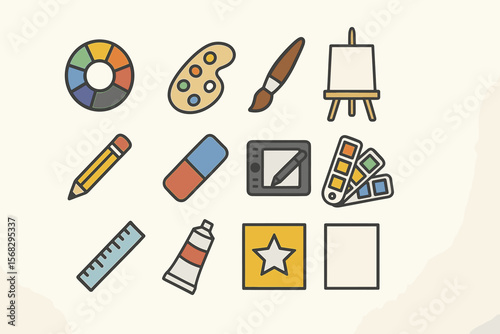Art supplies icons: paint palette, easel, brushes, pencil, ruler, digital tablet