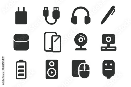 Set of technology device icons including charger, usb cable, headphones, and webcam