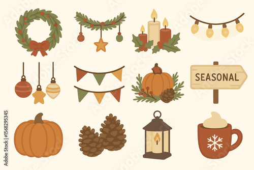 Cozy seasonal decorations featuring pinecones, pumpkins, and holiday elements