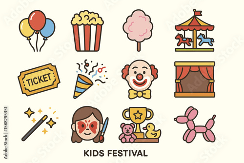 Colorful icons of kids festival: clown, balloons, carousel, magic, and more