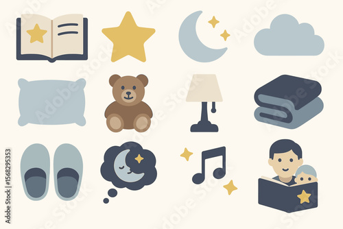 Bedtime icons with book, teddy bear, lamp, moon, and stars for sleep routine