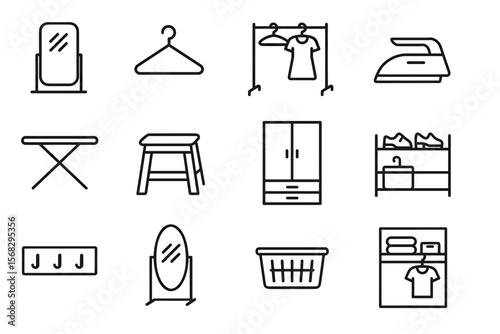 Minimalist laundry and wardrobe icons featuring clothing and household items