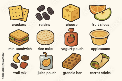 Assorted snacks for kids: crackers, fruit slices, granola bar, and more
