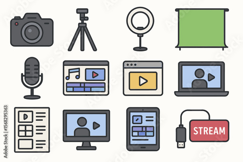 Streaming and photography equipment icons: camera, tripod, microphone, ring light, laptop, green screen