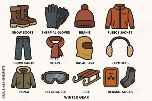 Essential winter gear icons featuring clothing and accessories for cold weather